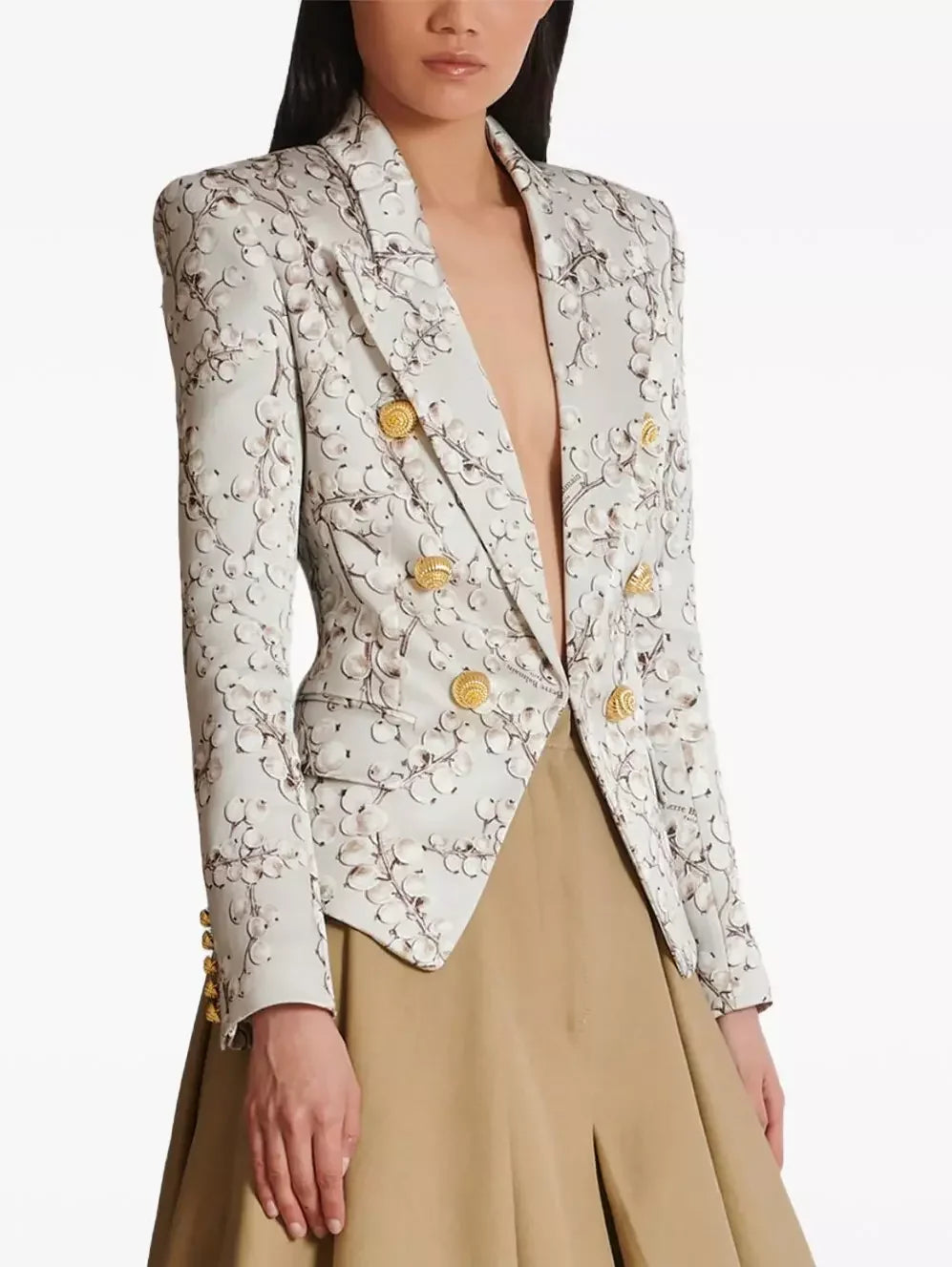 Fitted Printed Satin Blazer with Gold Spiral Buttons - Jackets
