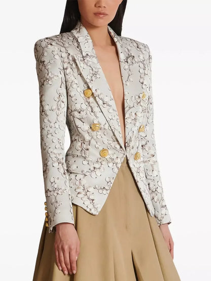 Fitted Printed Satin Blazer with Gold Spiral Buttons - Jackets