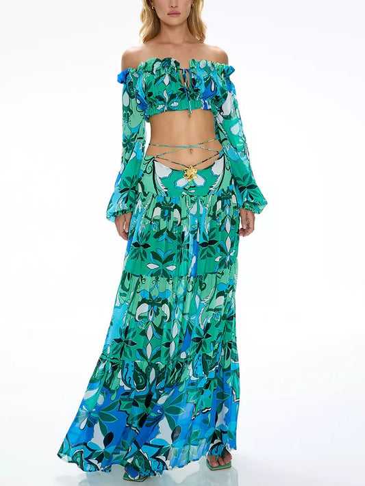 Flamenco-Style Gathered Cropped Blouse and Skirt Set in Green - Suits & Sets