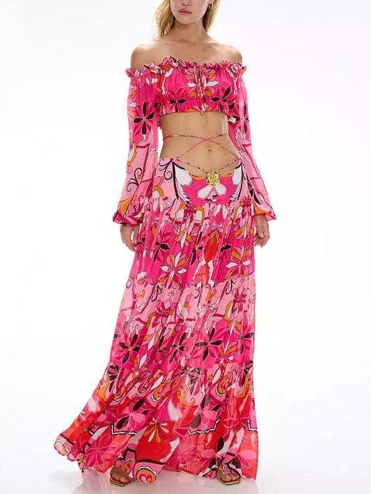 Flamenco-Style Gathered Cropped Blouse and Skirt Set in Pink - Suits & Sets