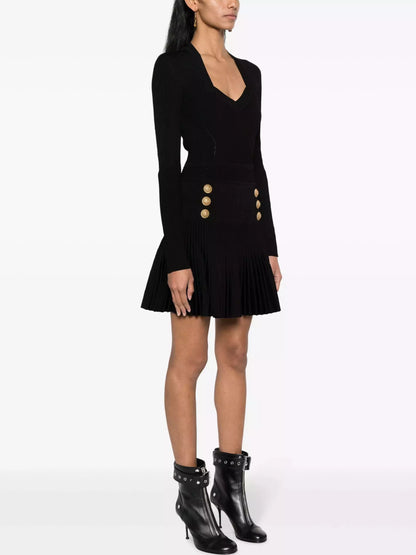 Flared Ribbed Knit Dress in Black - Dresses