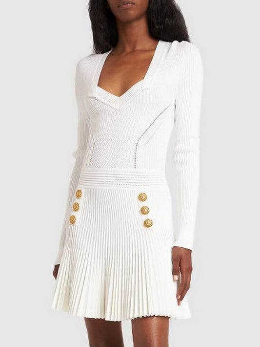 Flared Ribbed Knit Dress in White - Dresses