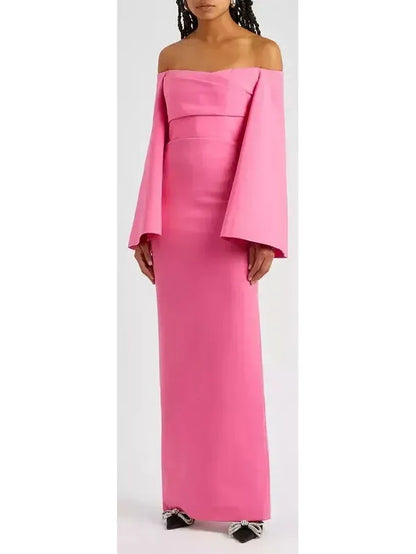 Flared-Sleeve Off-The-Shoulder Maxi Dress in Pink - Dresses