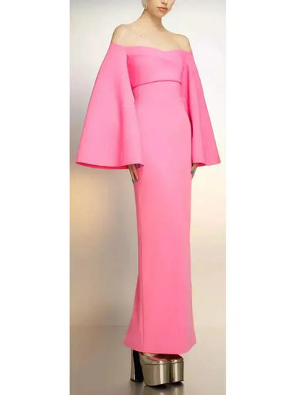 Flared-Sleeve Off-The-Shoulder Maxi Dress in Pink - Dresses