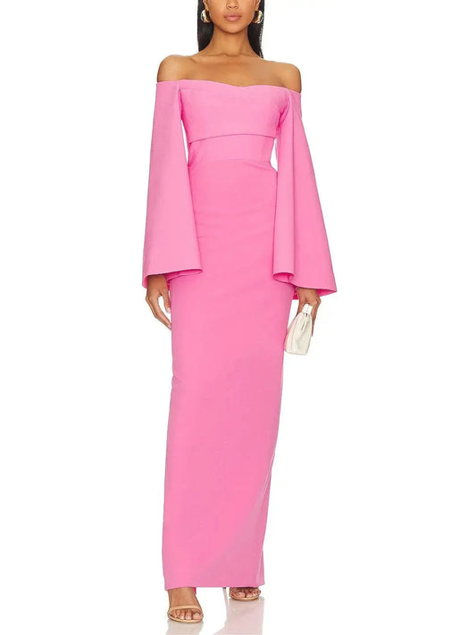 Flared-Sleeve Off-The-Shoulder Maxi Dress in Pink - Dresses