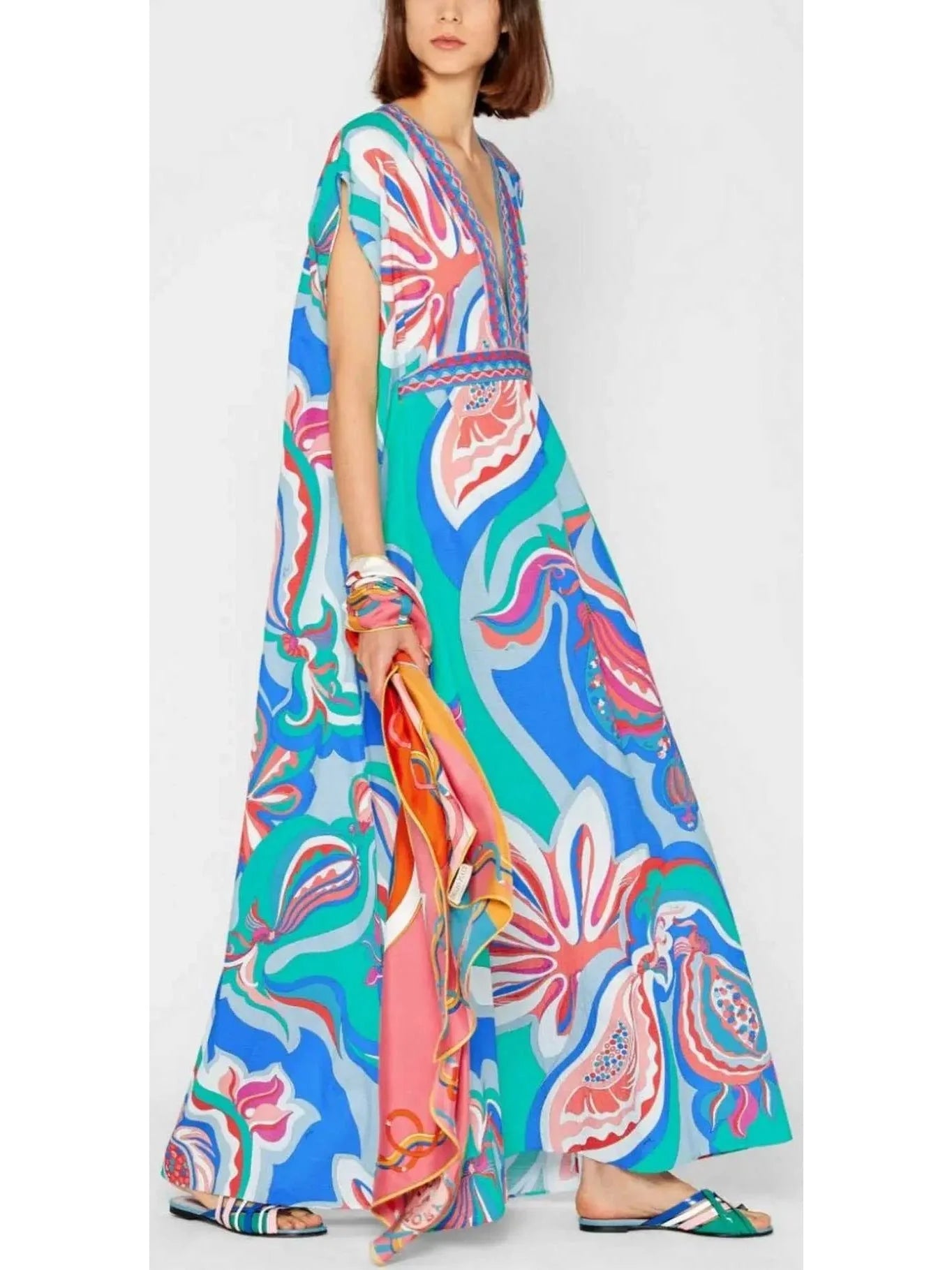 Floral Abstract Printed Deep V-neck Seersucker Dress - Dresses