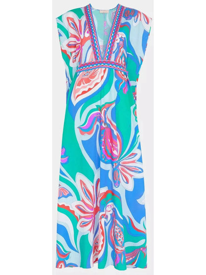 Floral Abstract Printed Deep V-neck Seersucker Dress - Dresses