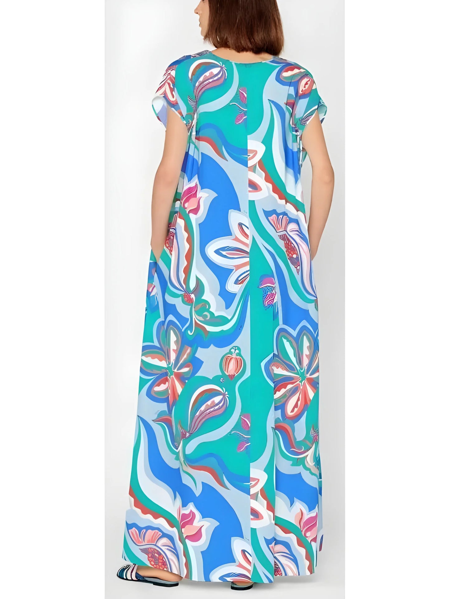 Floral Abstract Printed Deep V-neck Seersucker Dress - Dresses