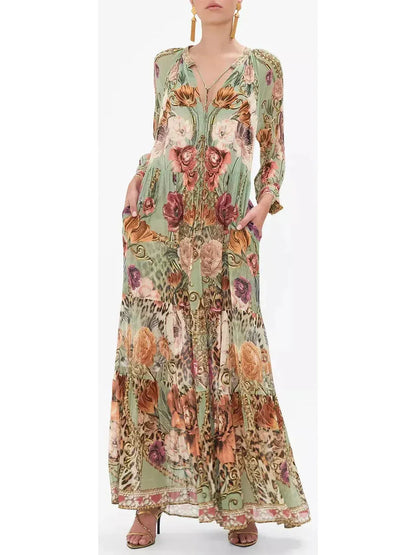 Floral and Leopard Printed Long Gathered Panel Dress - Dresses