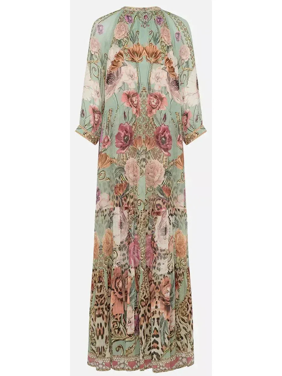 Floral and Leopard Printed Long Gathered Panel Dress - Dresses