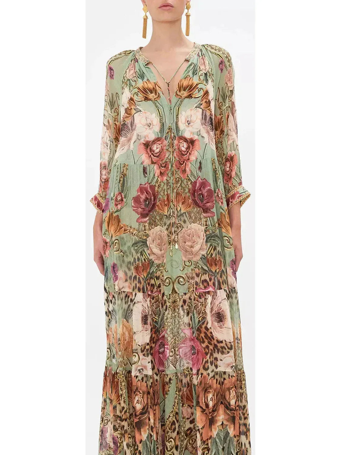 Floral and Leopard Printed Long Gathered Panel Dress - Dresses