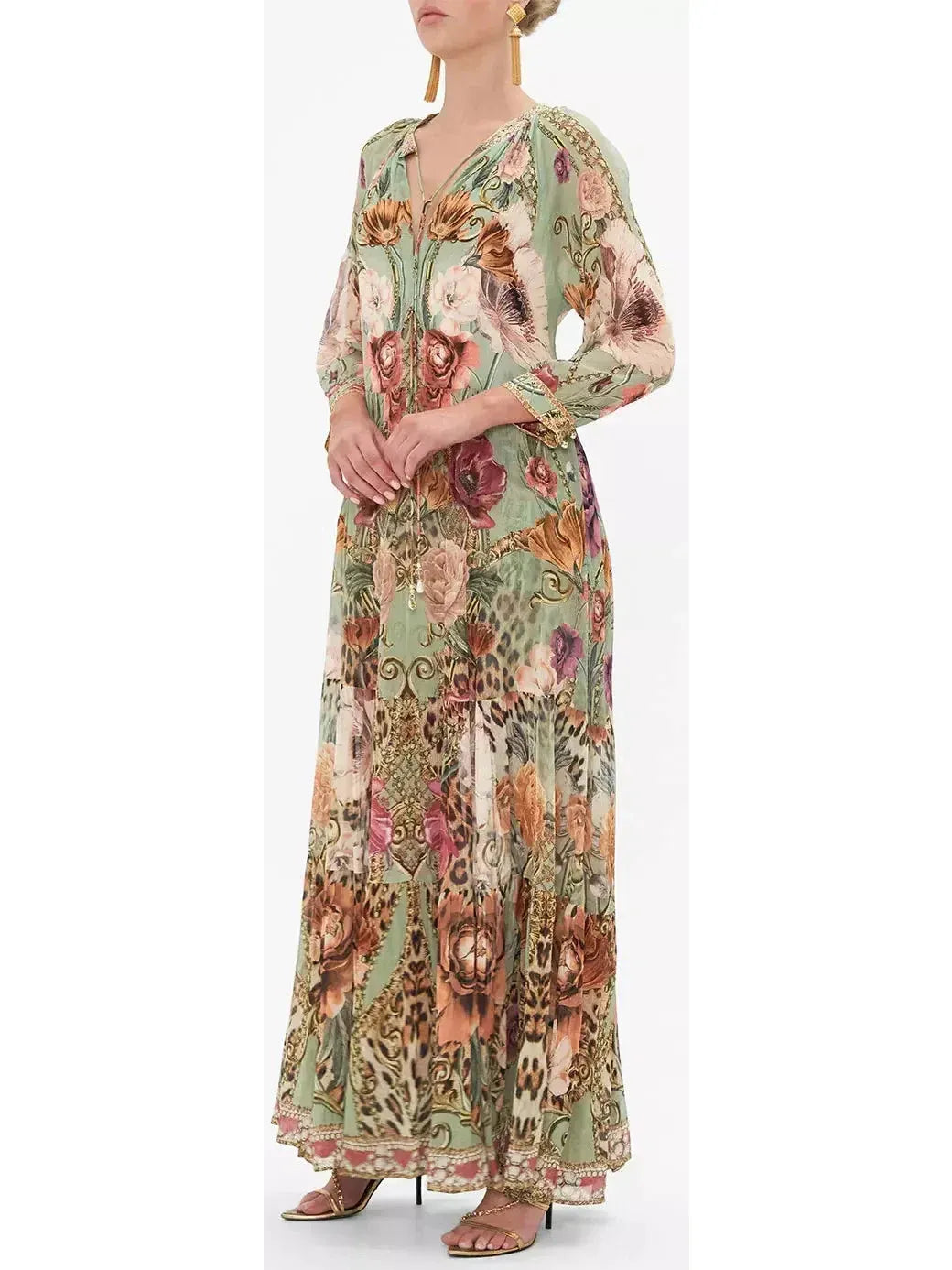 Floral and Leopard Printed Long Gathered Panel Dress - Dresses