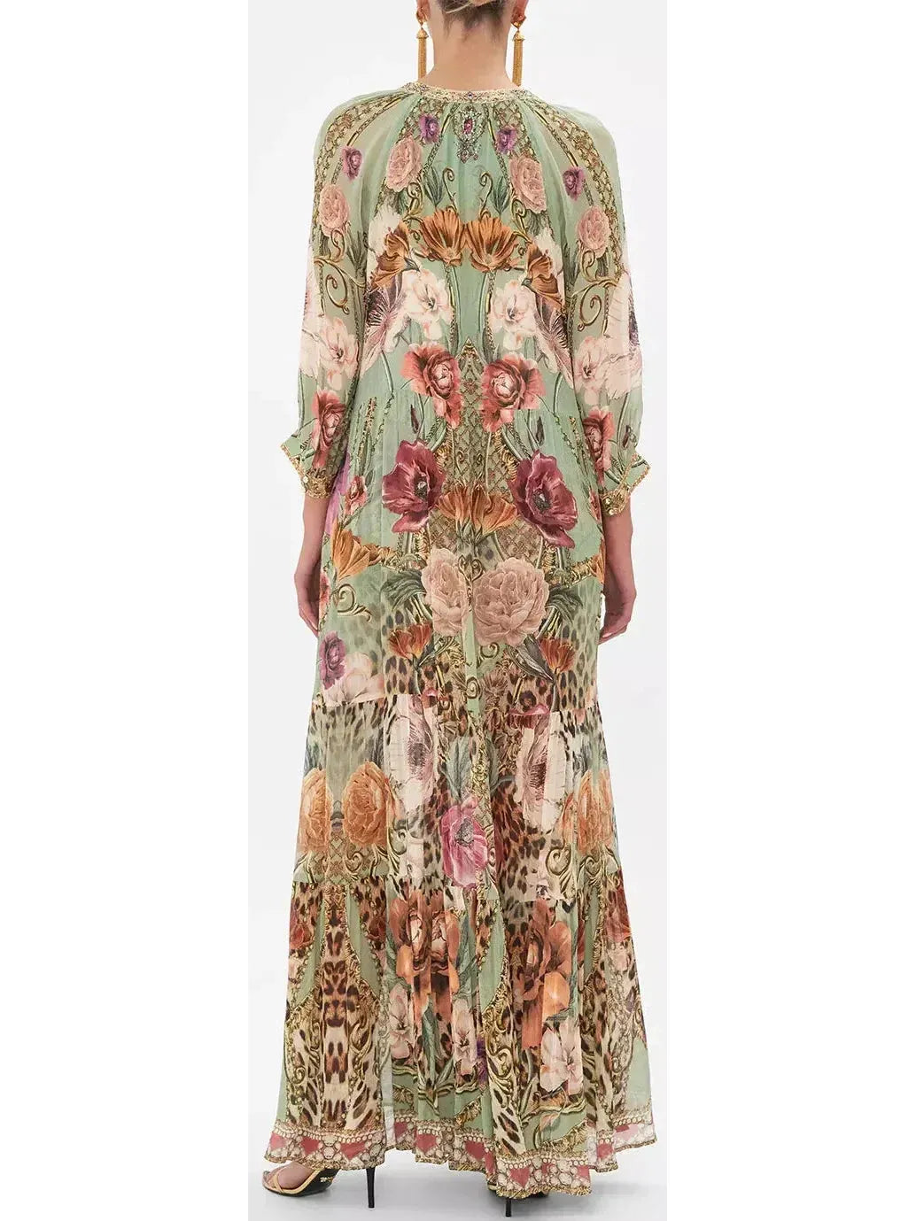 Floral and Leopard Printed Long Gathered Panel Dress - Dresses