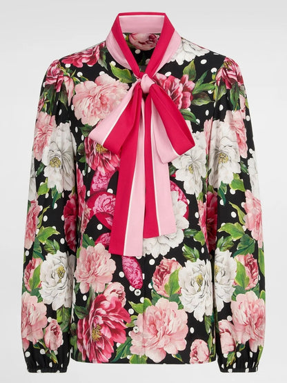 Floral and Polka-Dot Print Silk Blouse and Skirt Set - Suits & Sets