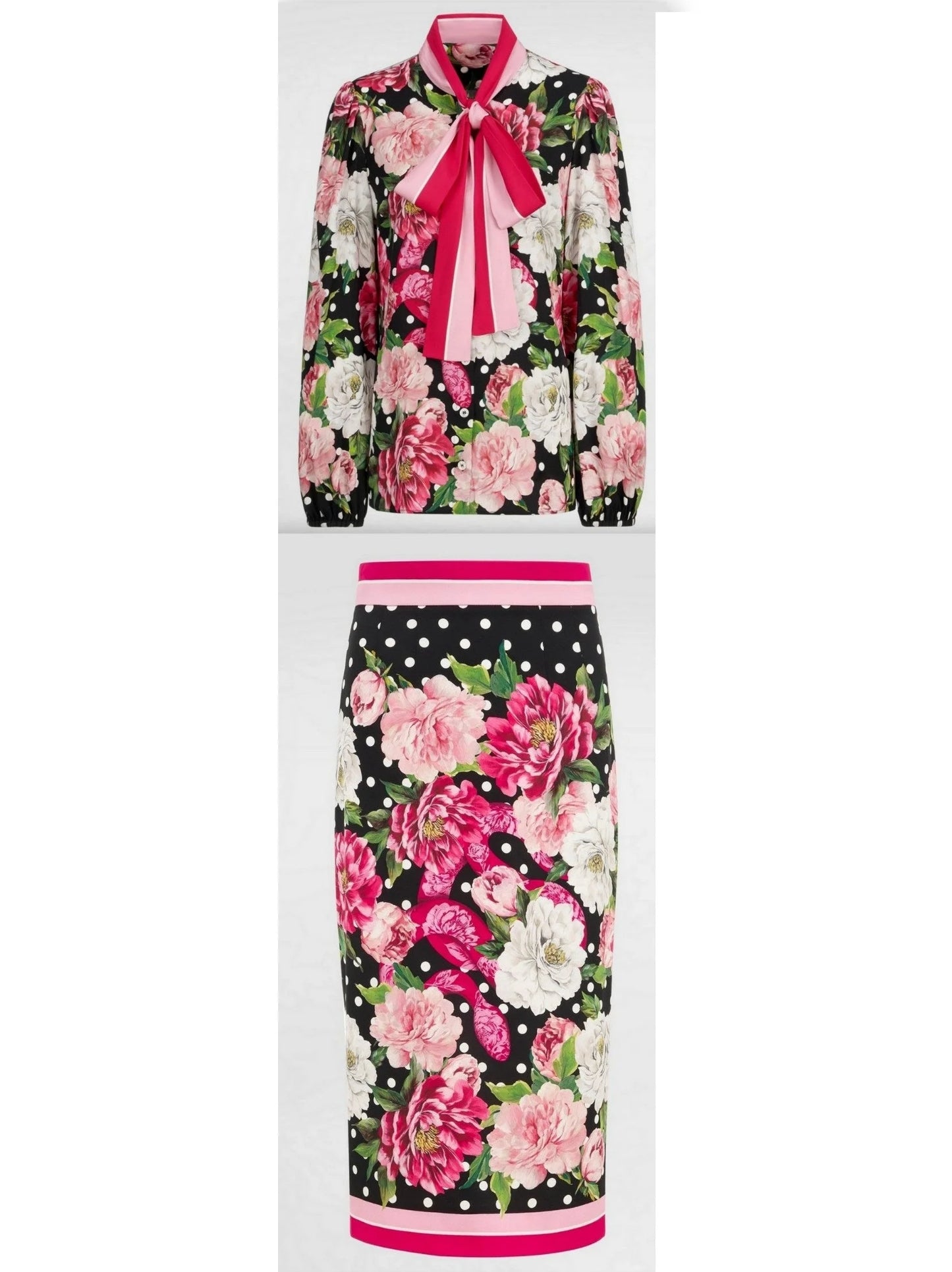 Floral and Polka-Dot Print Silk Blouse and Skirt Set - Suits & Sets
