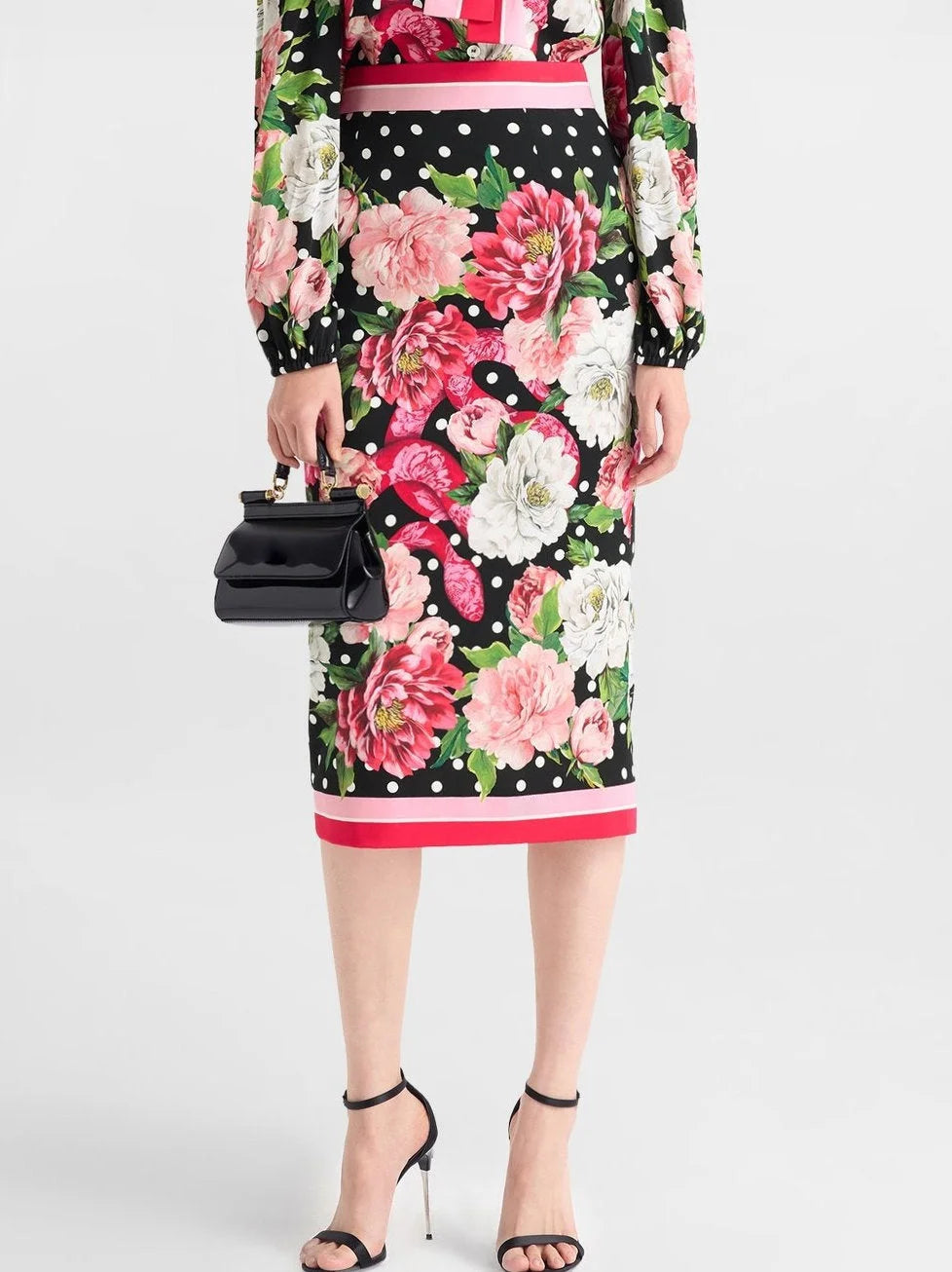 Floral and Polka-Dot Print Silk Blouse and Skirt Set - Suits & Sets