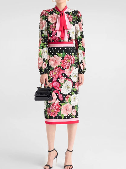 Floral and Polka-Dot Print Silk Blouse and Skirt Set - Suits & Sets
