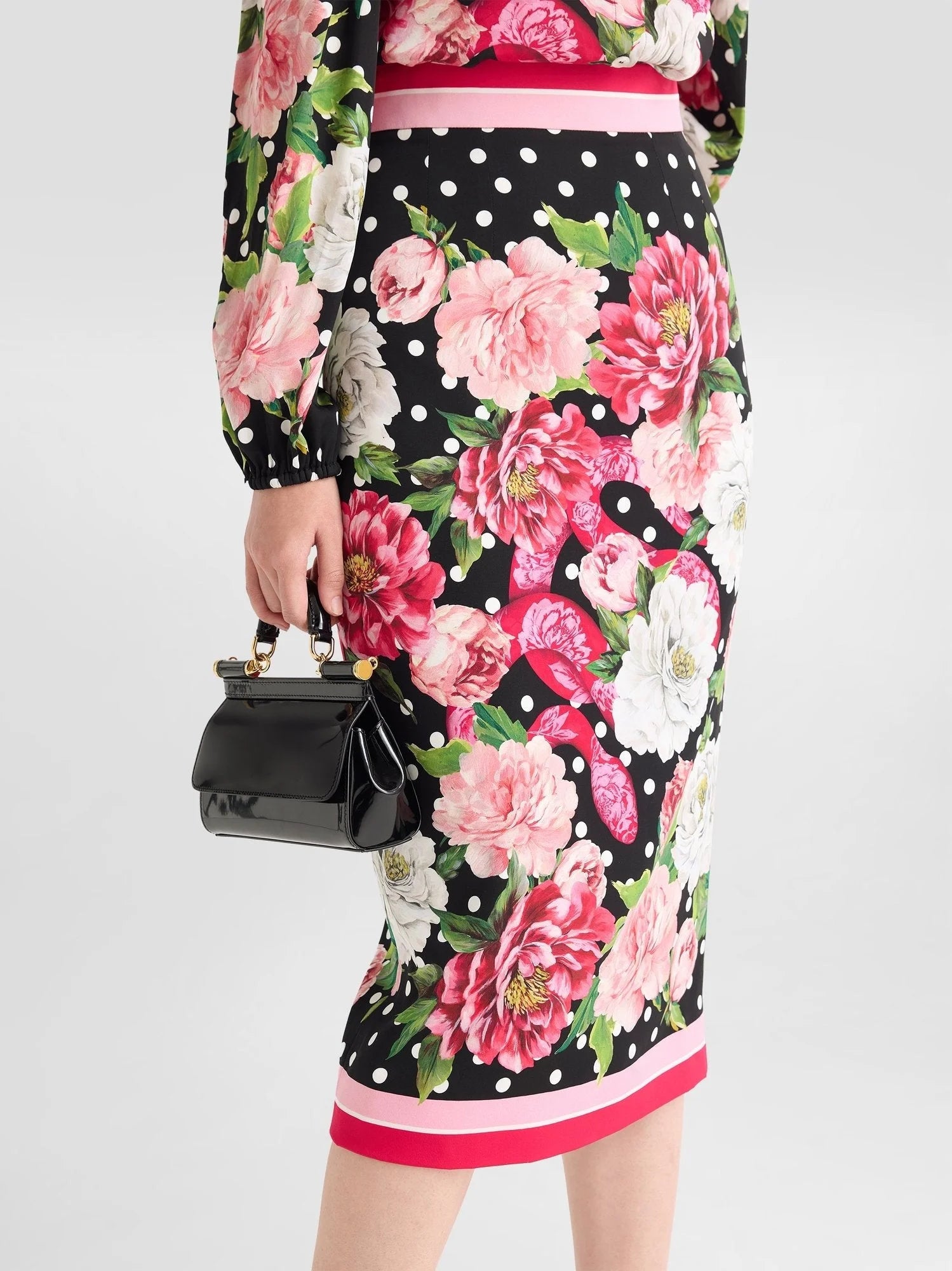 Floral and Polka-Dot Print Silk Blouse and Skirt Set - Suits & Sets