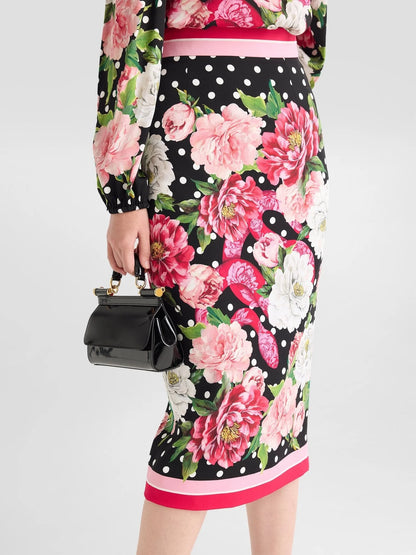 Floral and Polka-Dot Print Silk Blouse and Skirt Set - Suits & Sets