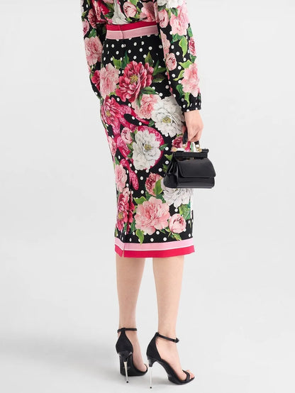 Floral and Polka-Dot Print Silk Blouse and Skirt Set - Suits & Sets