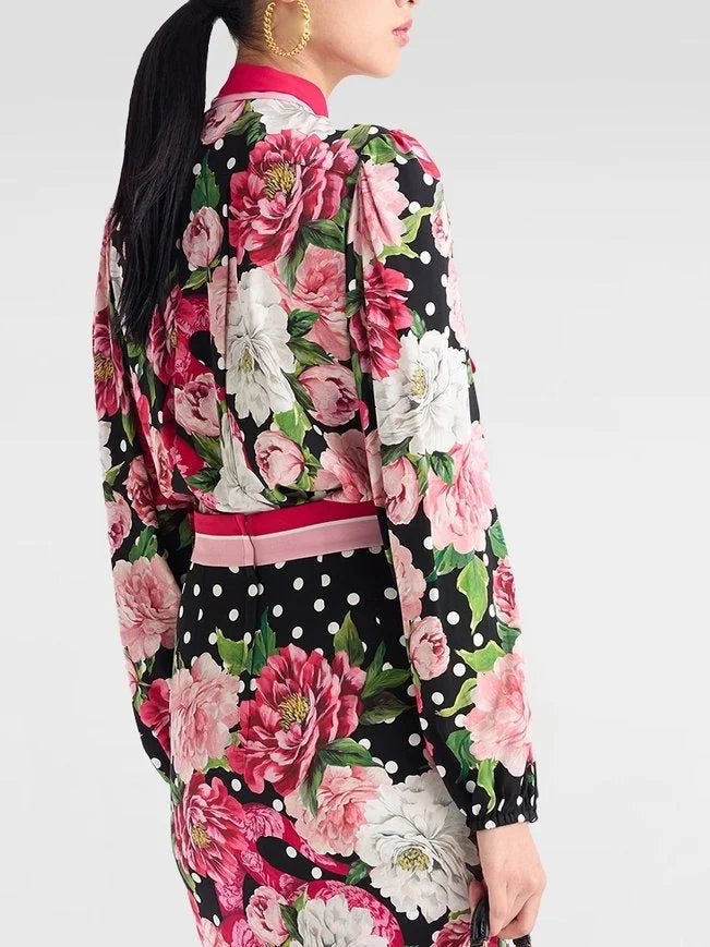 Floral and Polka-Dot Print Silk Blouse and Skirt Set - Suits & Sets