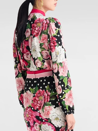 Floral and Polka-Dot Print Silk Blouse and Skirt Set - Suits & Sets