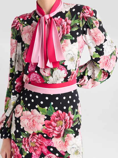 Floral and Polka-Dot Print Silk Blouse and Skirt Set - Suits & Sets