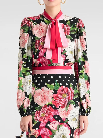 Floral and Polka-Dot Print Silk Blouse and Skirt Set - Suits & Sets