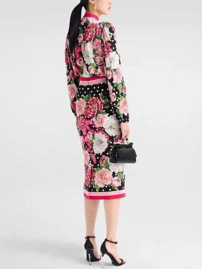 Floral and Polka-Dot Print Silk Blouse and Skirt Set - Suits & Sets