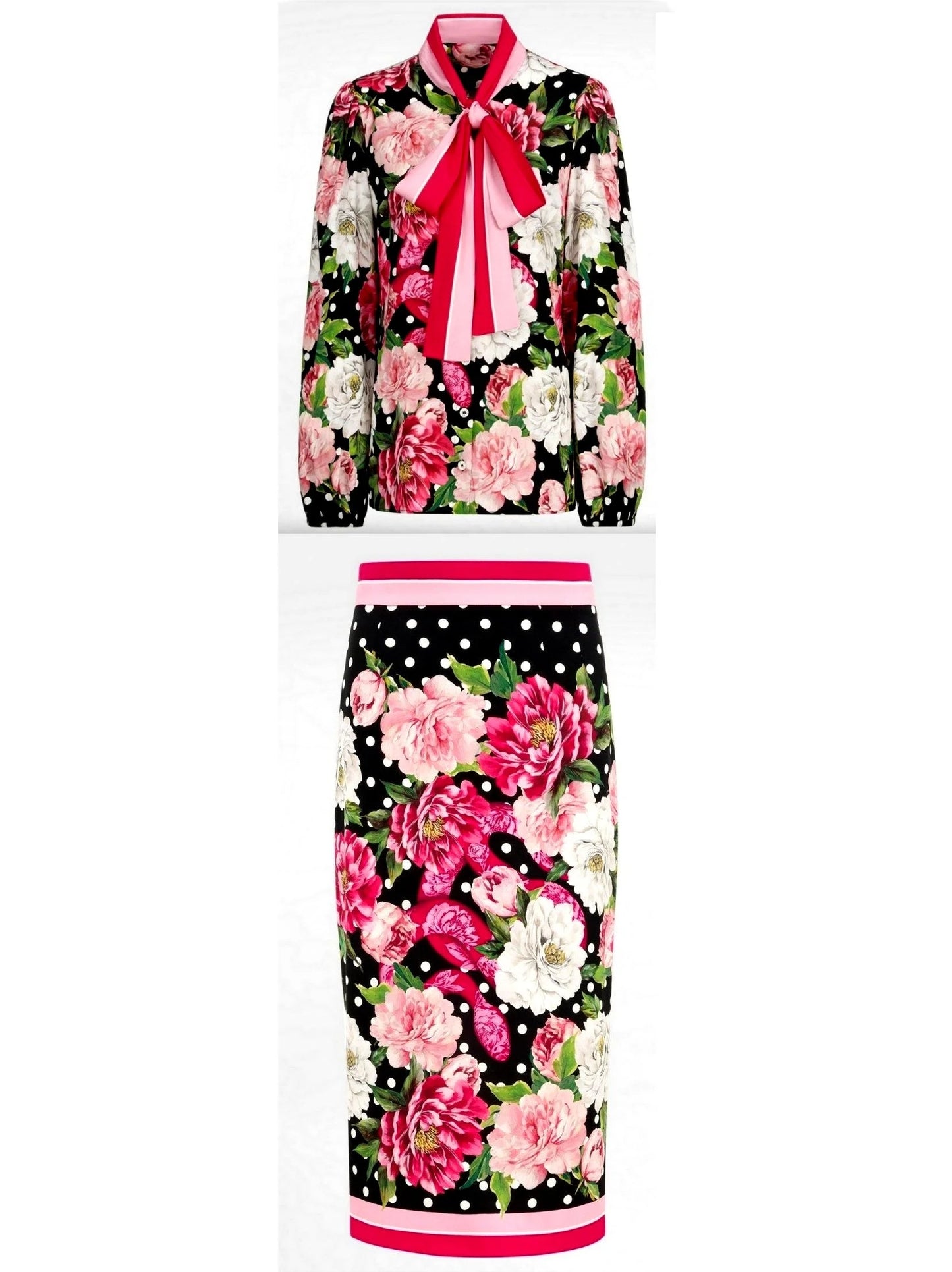 Floral and Polka-Dot Print Silk Blouse and Skirt Set - M - Suits & Sets