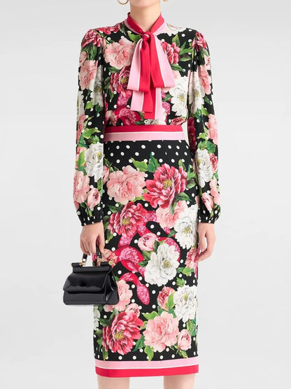 Floral and Polka-Dot Print Silk Blouse and Skirt Set - S - Suits & Sets