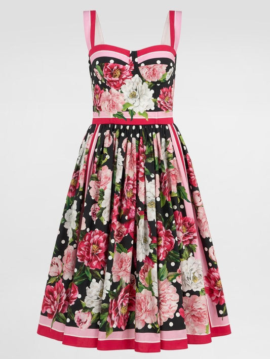Floral and Polka-Dot Printed Fit and Flare Dress - Dresses