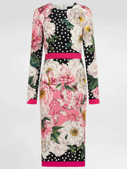 Floral and Polka-Dot Printed Silk Dress - S - Dresses