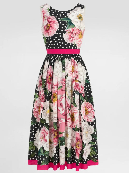 Floral and Polka-Dot Printed Sleeveless Midi Dress - S - Dresses