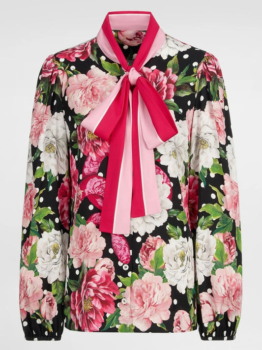 Floral and Polka-Dot Printed Tie-Neck Silk Blouse - S - Tops