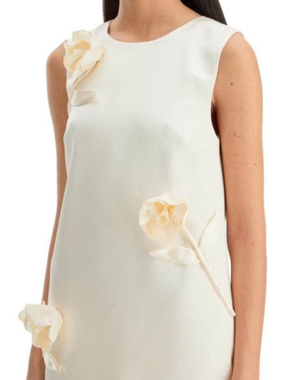 Sleeveless Floral-Applique Cream Crepe Mini Shift Dress with floral embellishments
