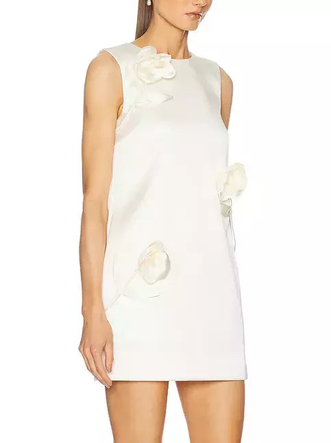 Sleeveless Floral-Applique Cream Crepe Mini Shift Dress with floral embellishments