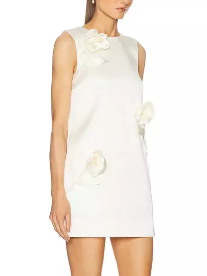 Sleeveless Floral-Applique Cream Crepe Mini Shift Dress with floral embellishments
