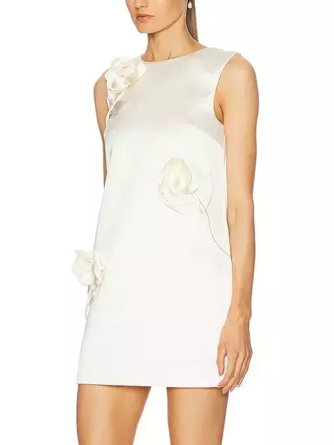 Sleeveless white mini dress with floral embellishments, Floral-Applique Cream Crepe Mini Shift