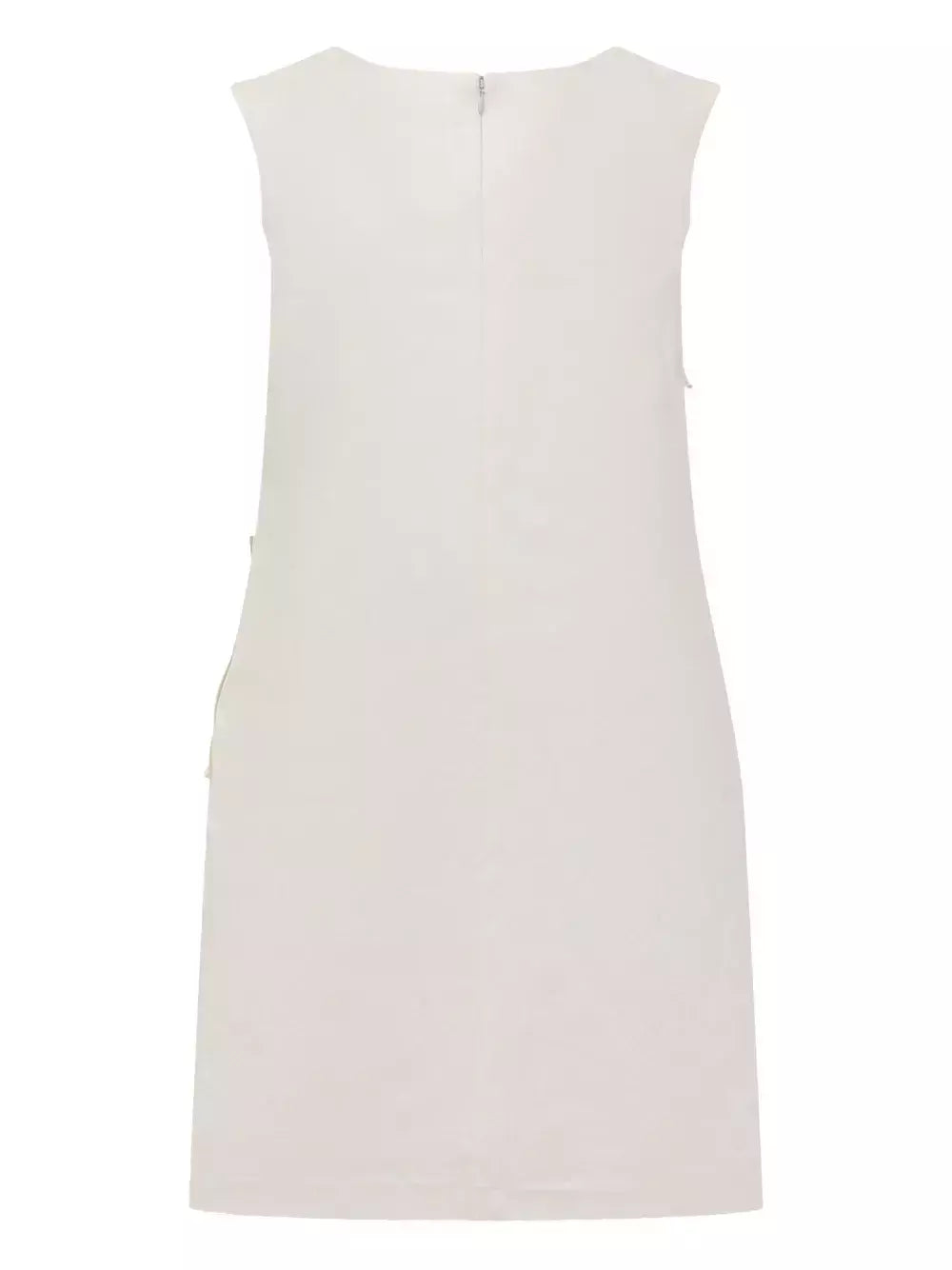 Sleeveless floral-applique cream crepe mini shift dress elegantly displayed on a model