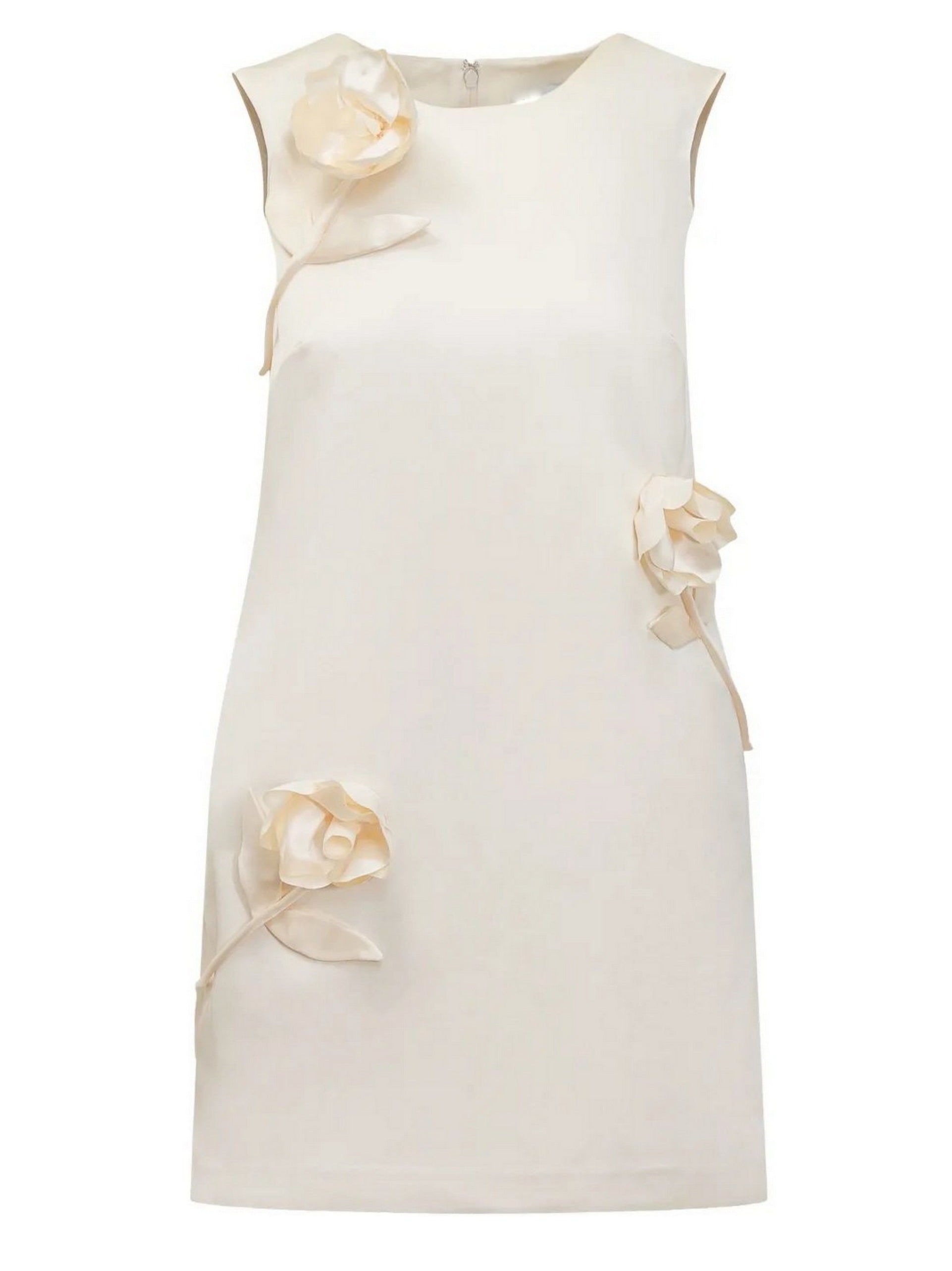 Sleeveless Floral-Applique Cream Crepe Mini Shift Dress with floral embellishments