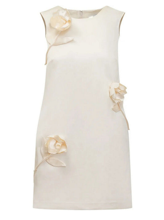 Sleeveless Floral-Applique Cream Crepe Mini Shift Dress with floral embellishments