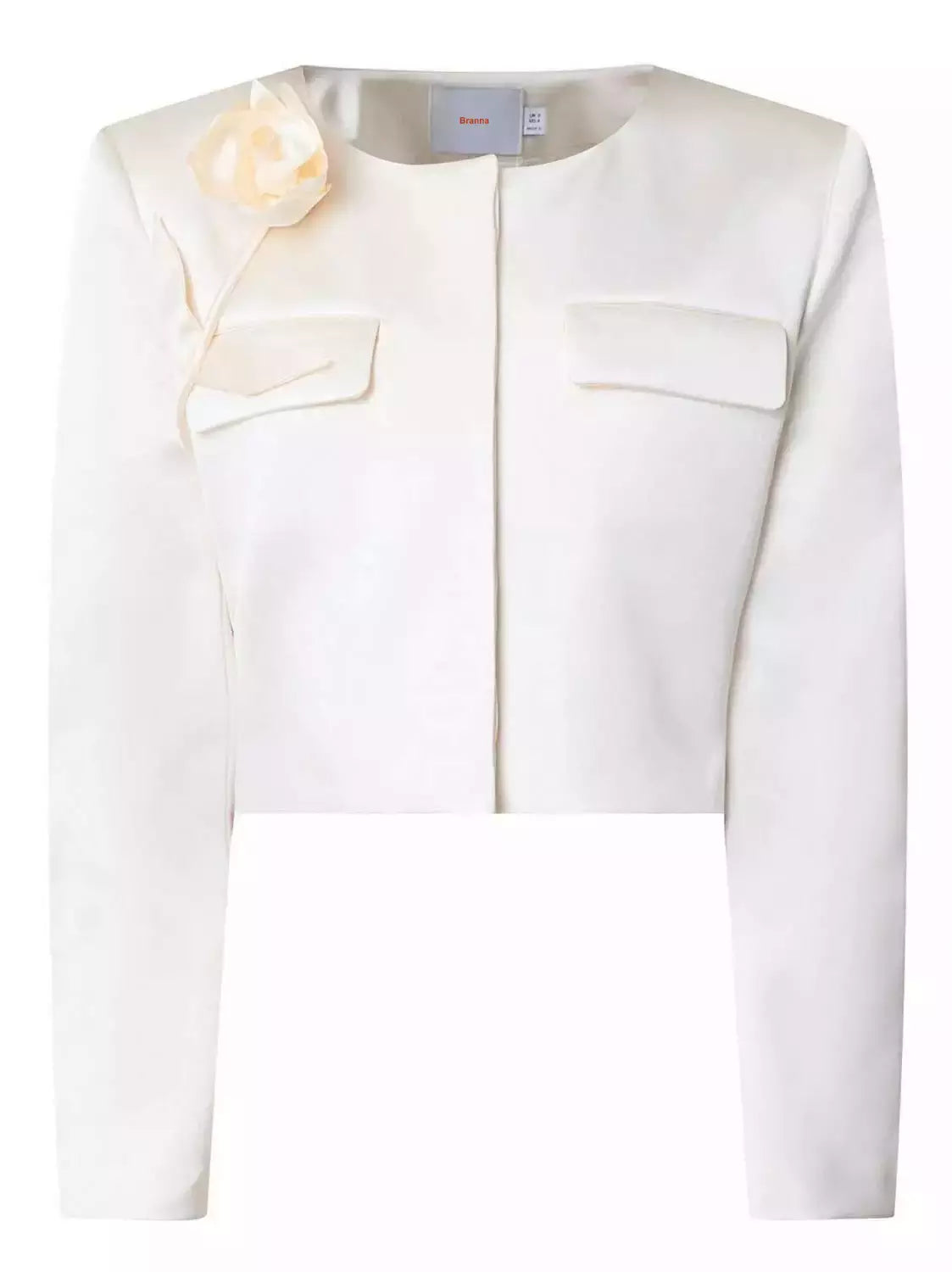 Floral-applique cream jacket with concealed button placket and floral accents in a skirt suit