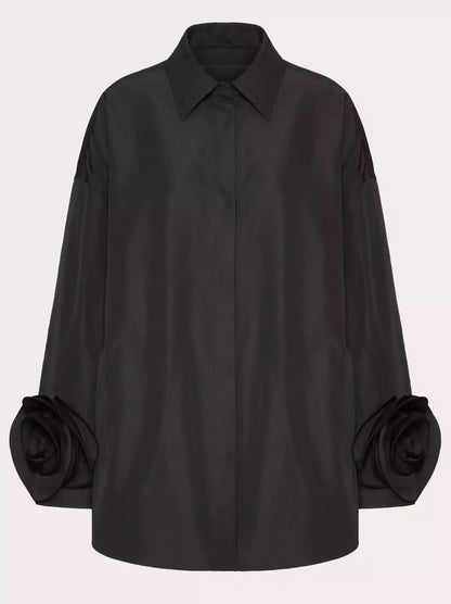 Floral-Applique-Cuff Long Sleeve Shirt in Black - Tops