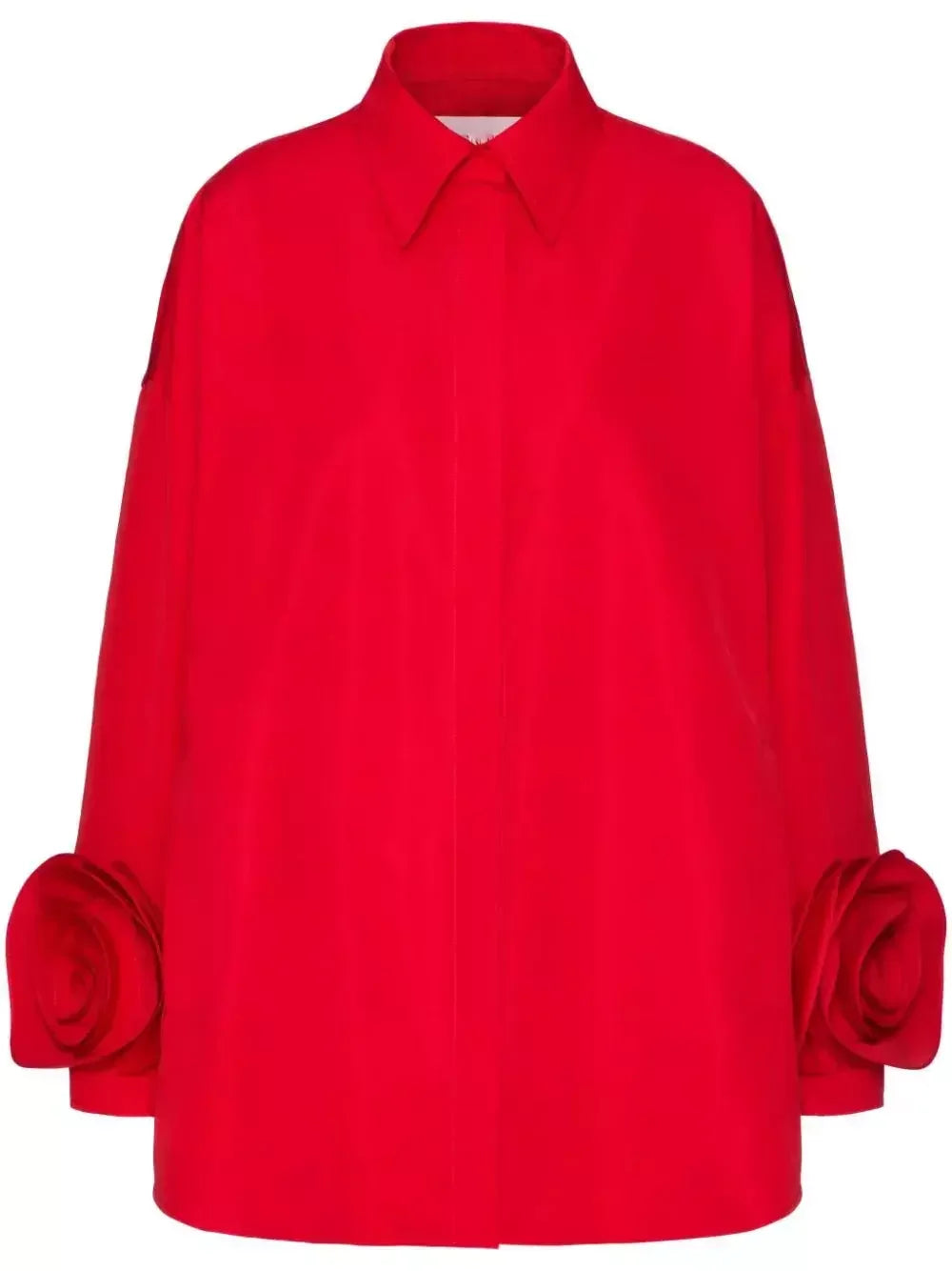 Floral-Applique-Cuff Long Sleeve Shirt in Red - Tops