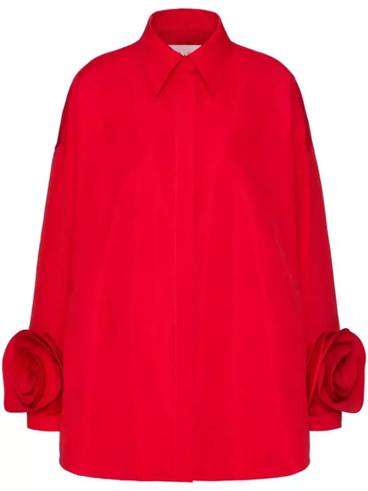 Floral-Applique-Cuff Long Sleeve Shirt in Red - Tops