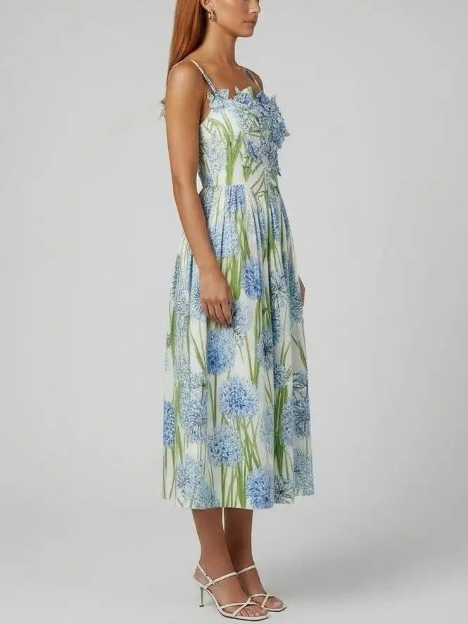 Floral Appliqué Fit-and-Flare Cotton Midi Dress - Dresses