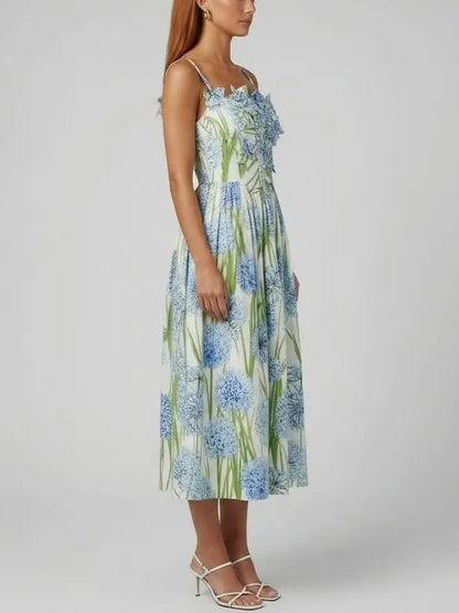 Floral Appliqué Fit-and-Flare Cotton Midi Dress - Dresses
