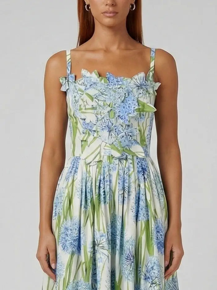 Floral Appliqué Fit-and-Flare Cotton Midi Dress - Dresses