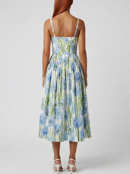 Floral Appliqué Fit-and-Flare Cotton Midi Dress - Dresses